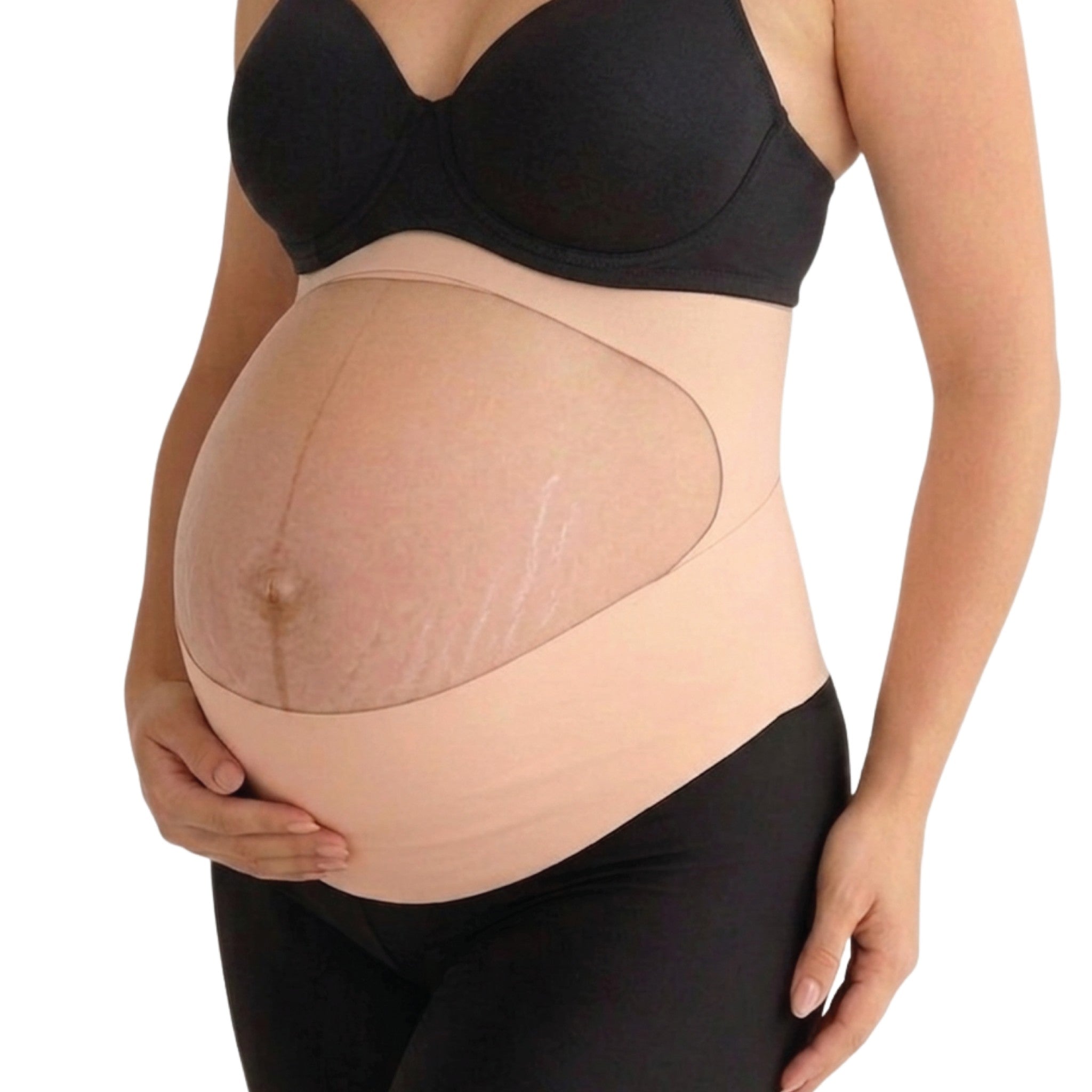 Close-up of a maternity belly band worn over a bump, showing the adjustable side tab