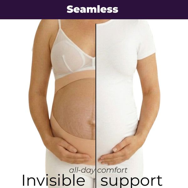 Momnagi belly band worn correctly, seamless under a fitted t-shirt