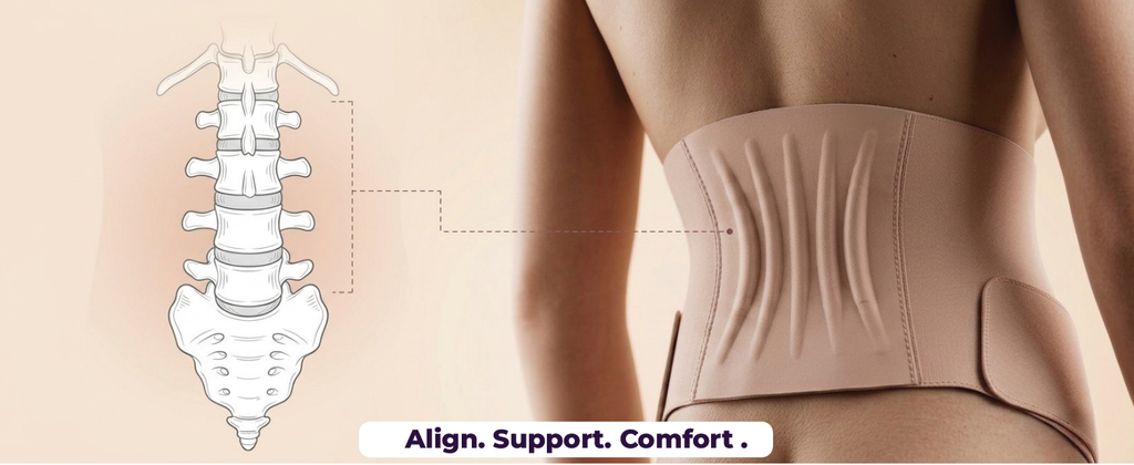 Diagram of the spine next to a woman wearing the belly band, labeled Align, Support, Comfort