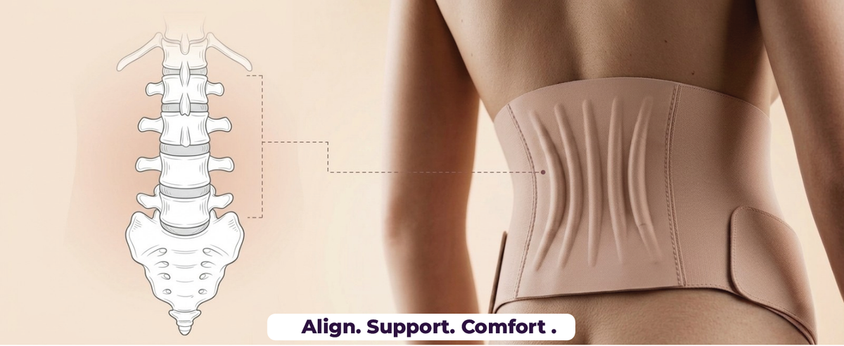 Diagram of the spine next to a woman wearing the belly band, labeled Align, Support, Comfort