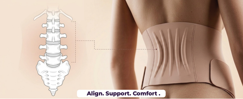 Diagram of the spine next to a woman wearing the belly band, labeled Align, Support, Comfort