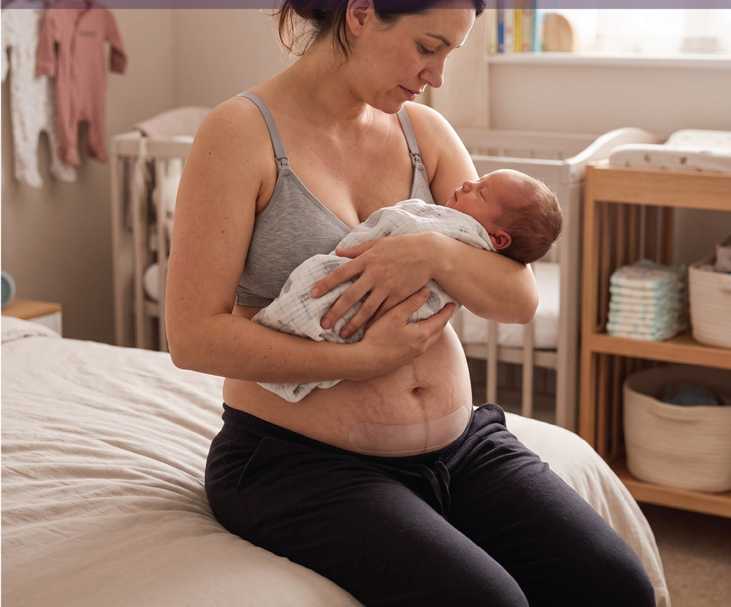 Mother holding newborn, scar strip visible on healing incision