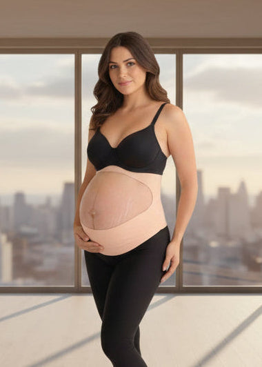 Close-up front view of the Momnagi belly band in oyster pink over a bare bump, showing the adjustable side tab