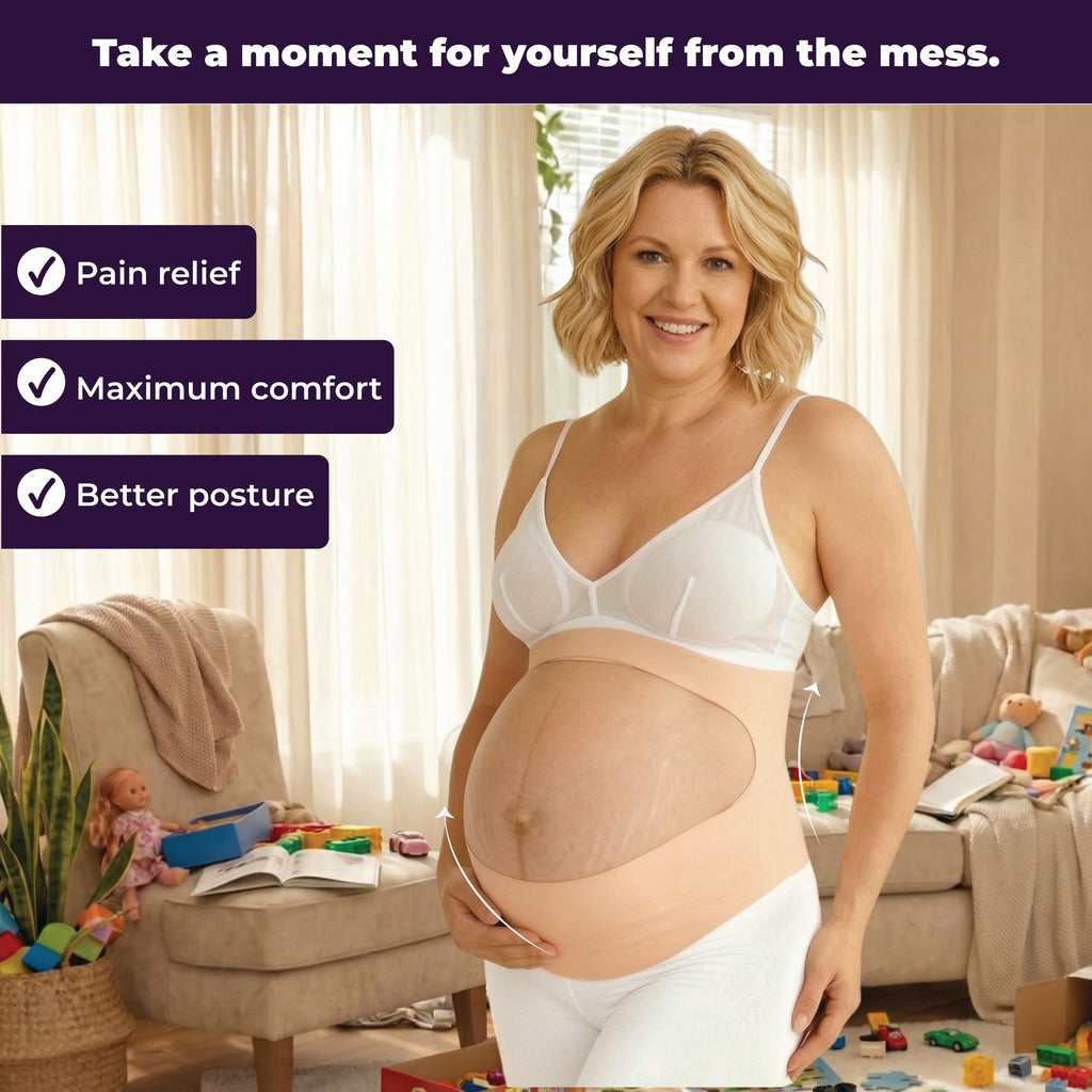 Pregnant woman wearing the belly band in a living room scattered with toys, with on-image badges reading pain relief, maximum comfort and better posture