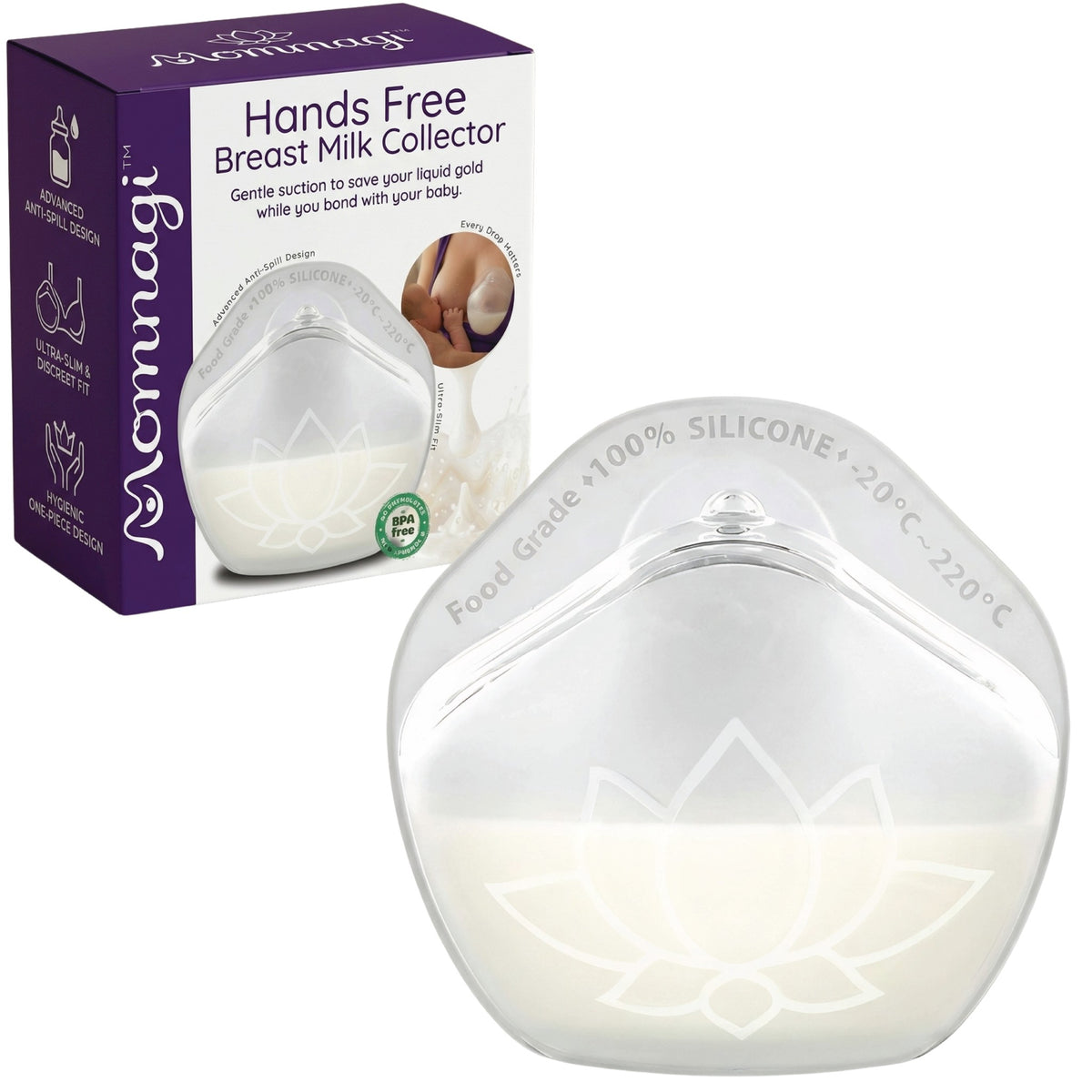 Momnagi milk collector dimensions: 42.5mm opening, one size fits most, designed for all breast shapes