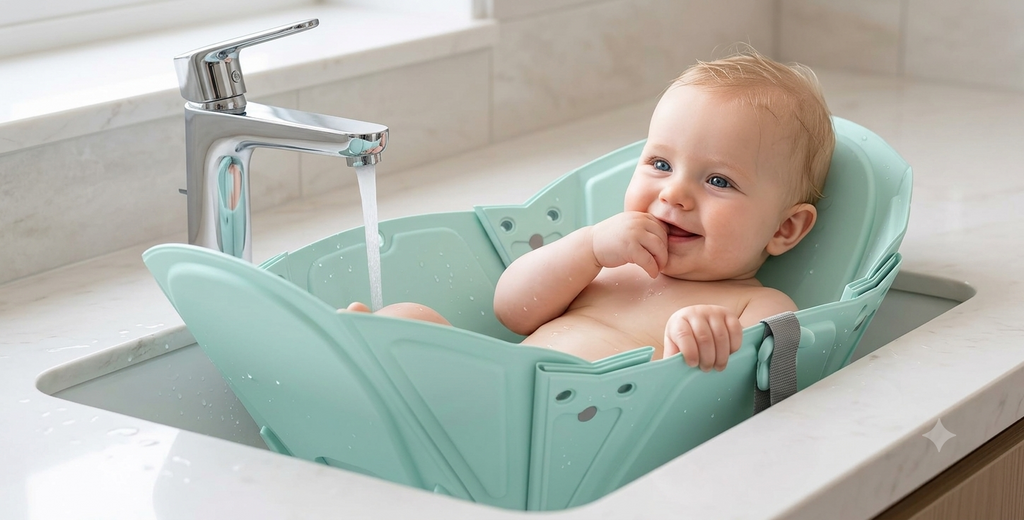 Baby sitting in the Momnagi foldable sink bather in mint, set into a bathroom sink