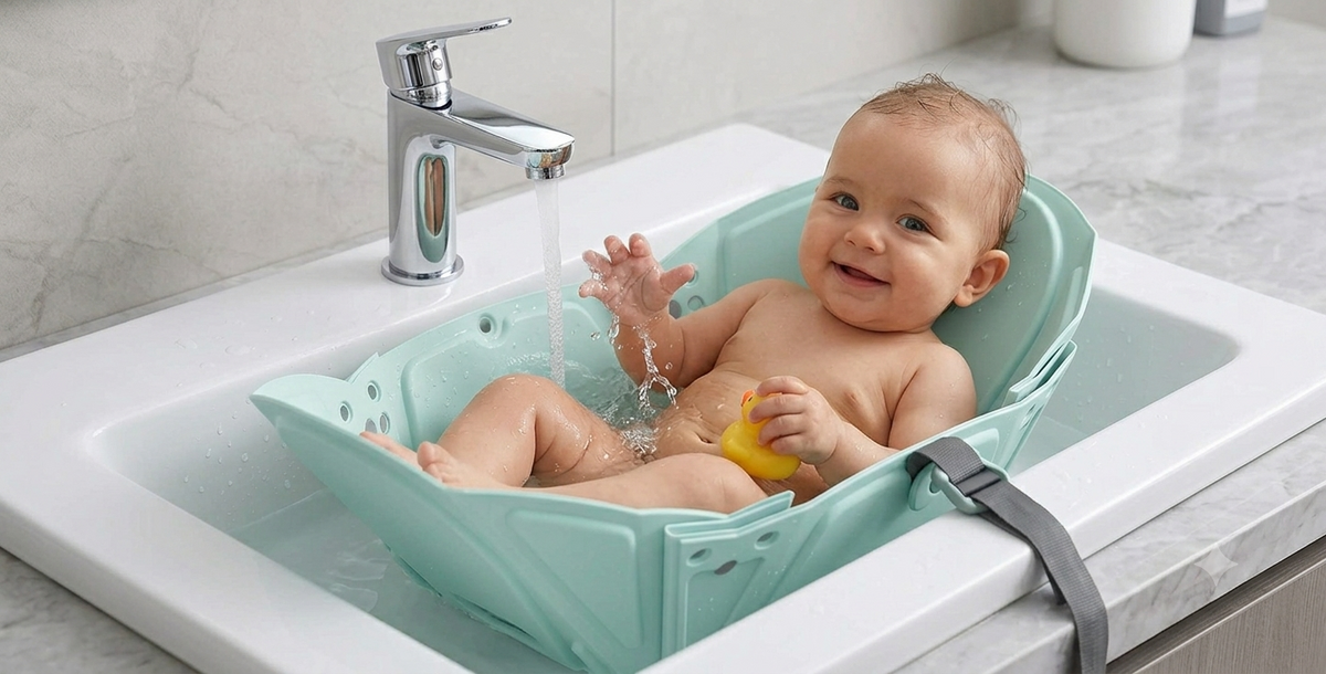 Baby bathing in the mint sink bather with the tap running
