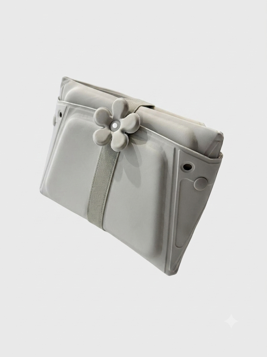 The Momnagi sink bather in the grey colourway, folded flat with its travel strap fastened