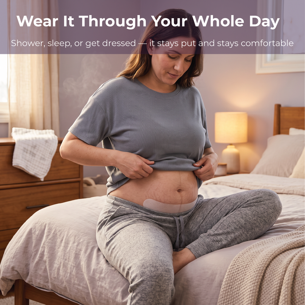 Woman wearing a Momnagi scar sheet at home; it stays put through the day