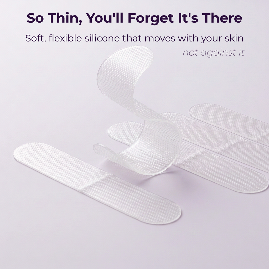 Three Momnagi silicone scar sheets curling in mid-air, showing how thin and flexible they are