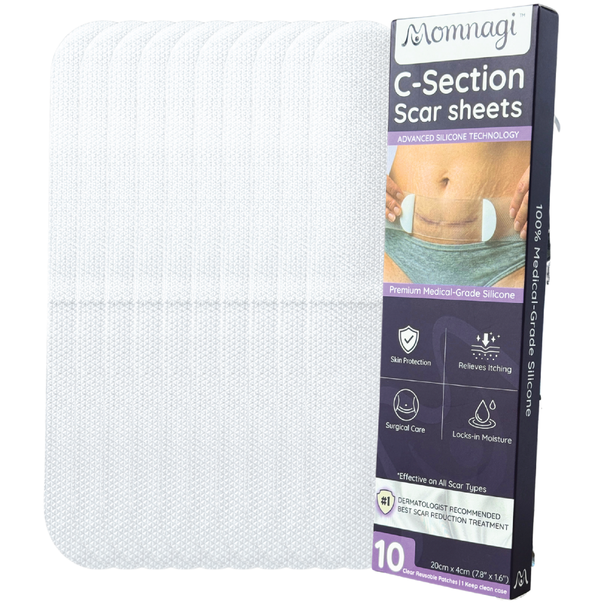 A neat stack of ten Momnagi silicone scar sheets beside the retail box