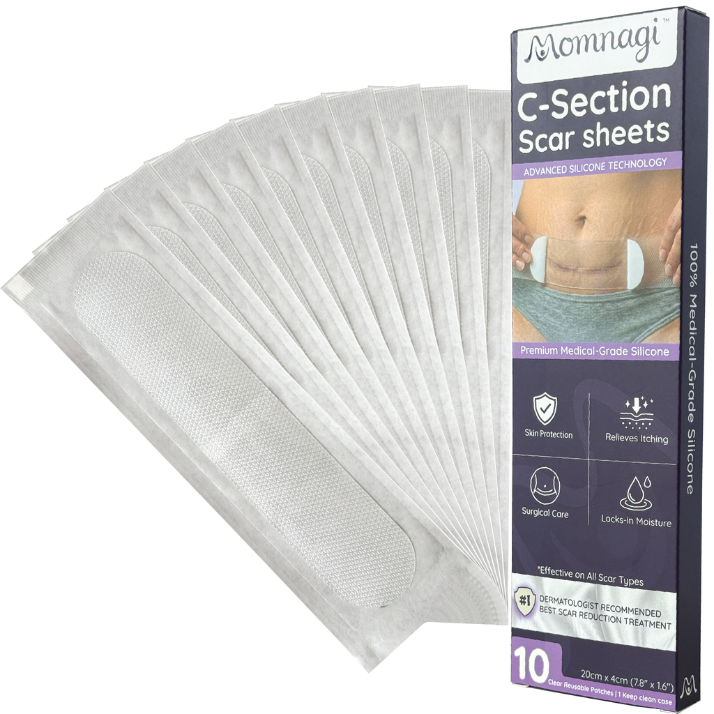 Ten Momnagi silicone scar sheets fanned out beside the retail box