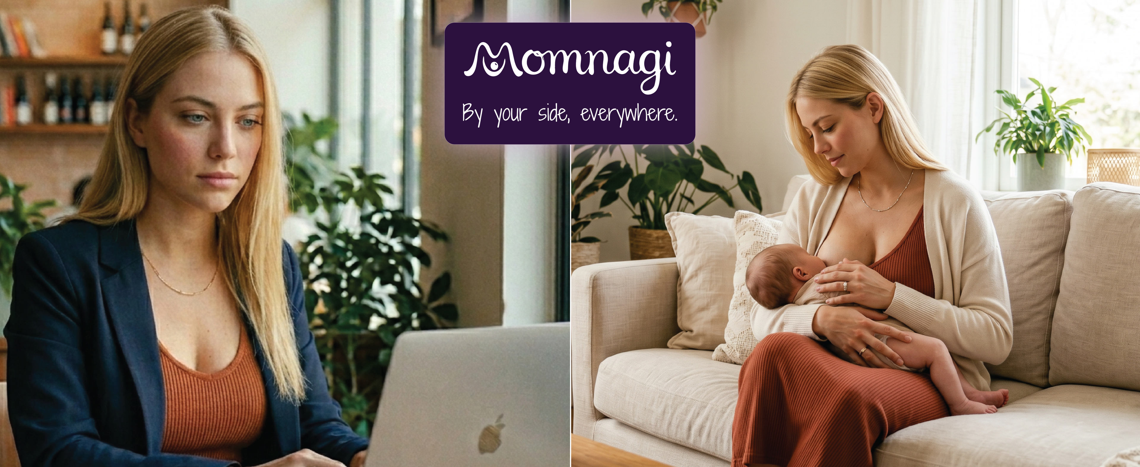 Two mothers, one working at a laptop and one nursing on a sofa, wearing the Momnagi milk collector