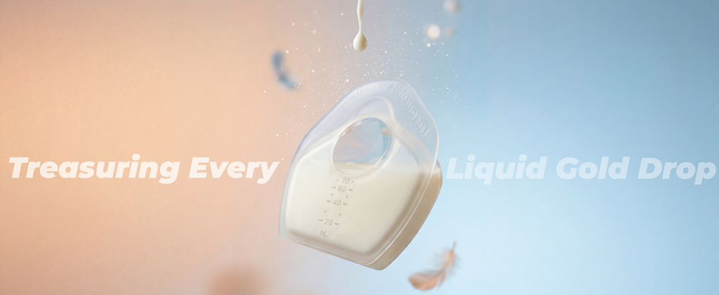 The Momnagi milk collector floating against a warm background, partly filled with breast milk