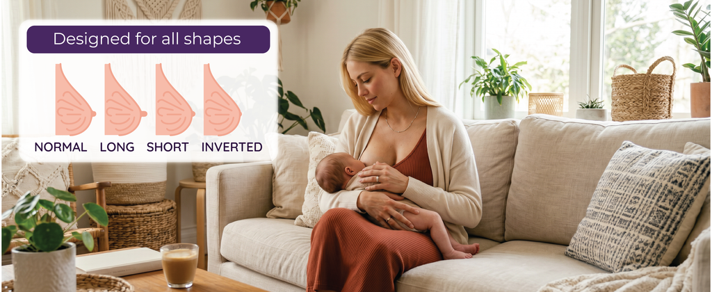 Designed for all shapes — normal, long, short and inverted — shown beside a mother nursing on a sofa