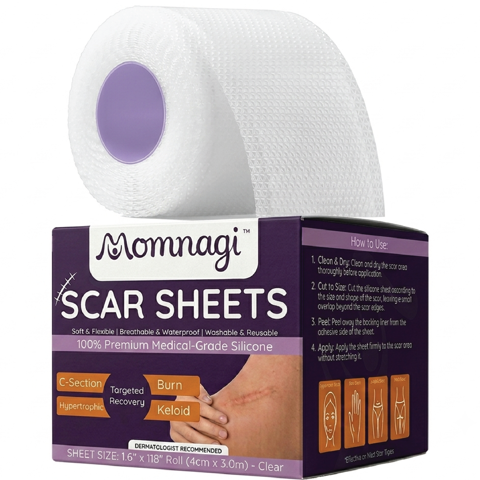 Momnagi medical-grade silicone scar tape roll with retail box, clear 4cm x 3m
