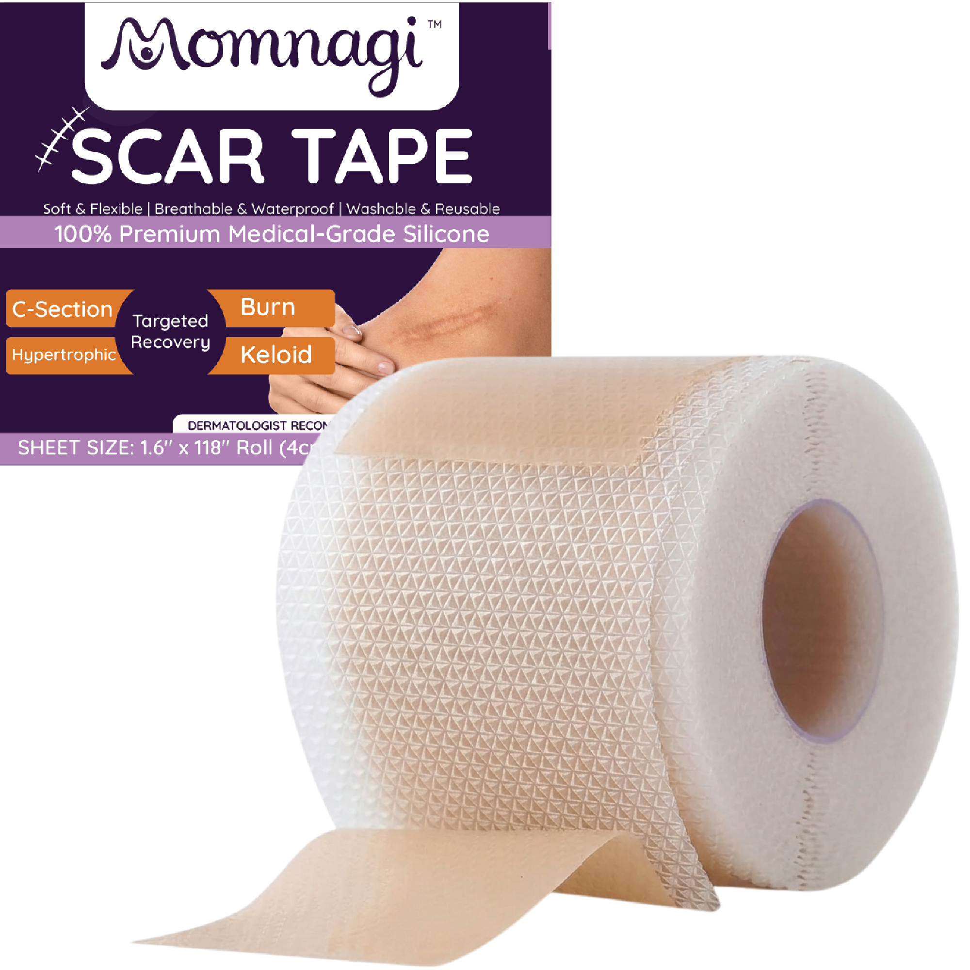 Momnagi silicone scar tape roll unspooling, shown beside the retail box