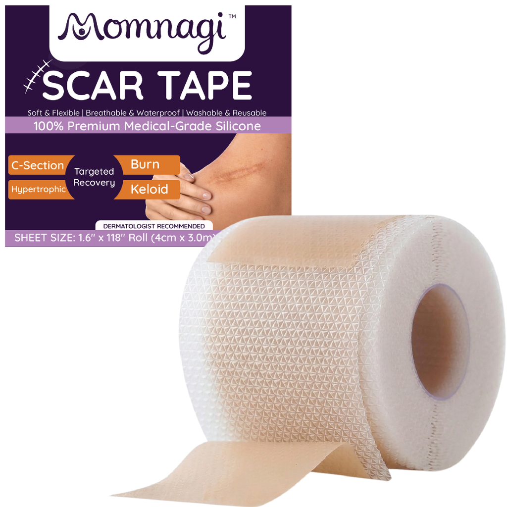 Momnagi scar tape roll with the box, showing the 4cm x 3m sheet size