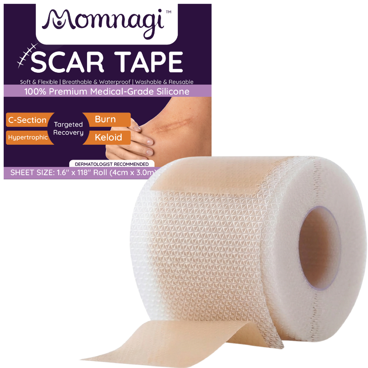 Momnagi scar tape roll with the box, showing the 4cm x 3m sheet size